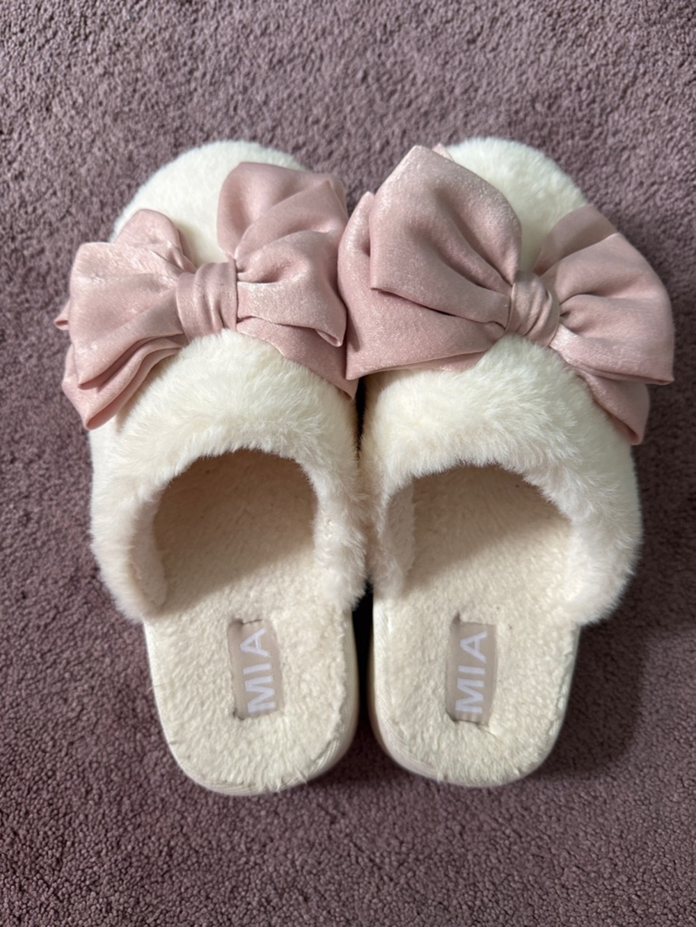 MIA Cream Faux Fur Slippers with Blush Pink Bow